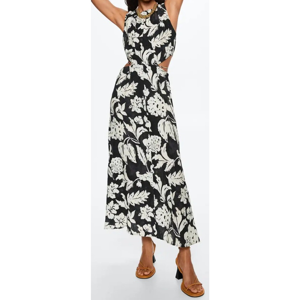 Mango MNG Willow Floral Maxi Dress Side Cut Out Size 4 Brown & Cream NWOT